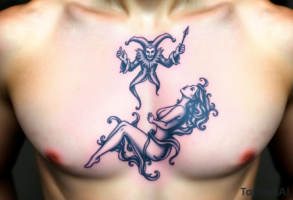 jester hovering over woman in smoke tattoo idea