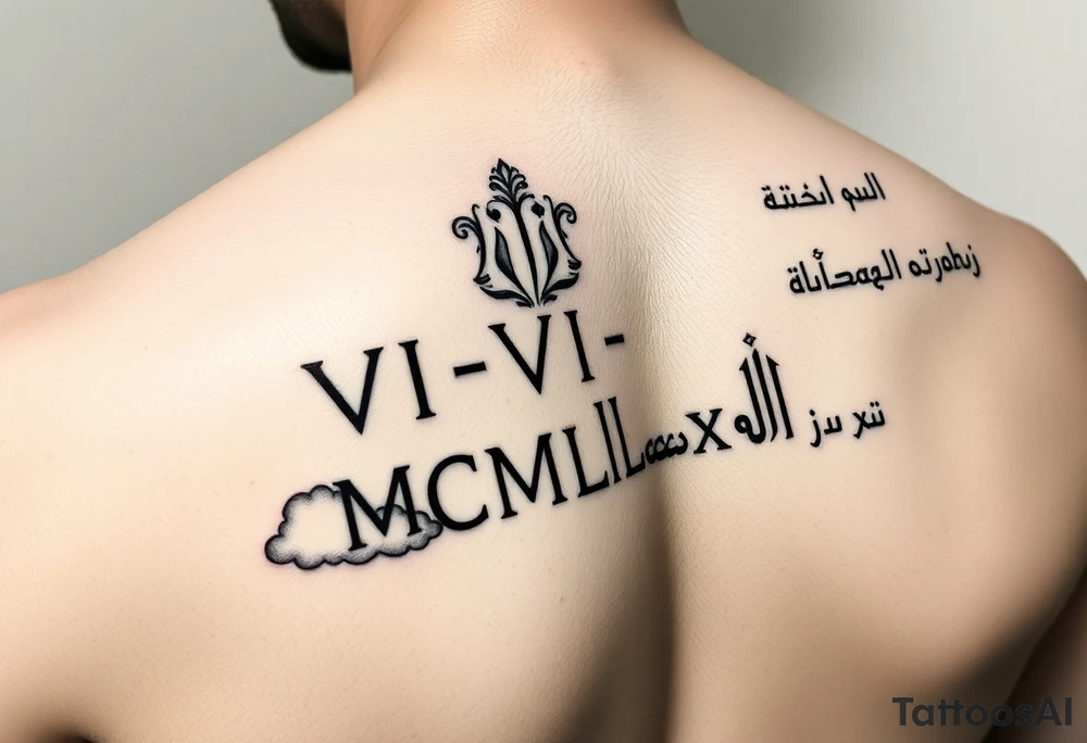 ruman numerals VI•VI•MCMLXXX above the right nipple overlapping from chest to shoulder, shaded up with clouds and somewhere on the same shoulder arabic writing لا تخف من شيء . tatoo should be on chest and not back and it should overlap into shoulder tattoo idea