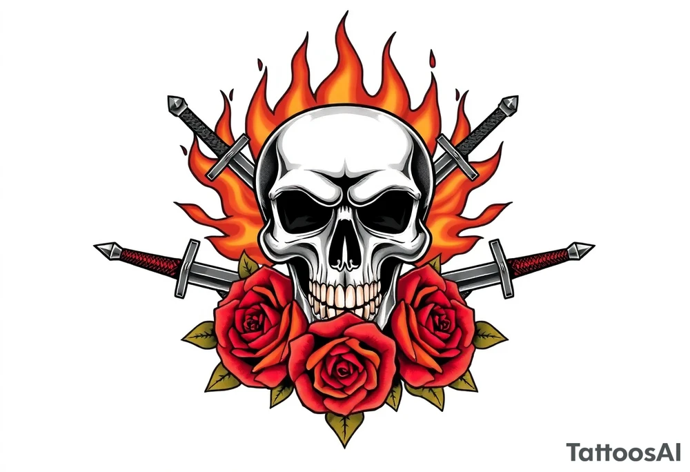 Skull with fiery flames, crossed broadswords, vibrant blooming roses. tattoo idea