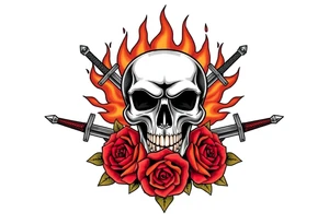 Skull with fiery flames, crossed broadswords, vibrant blooming roses. tattoo idea
