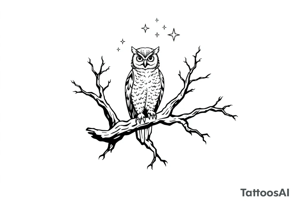 wise owl perched on ancient oak branch under starlit sky tattoo idea