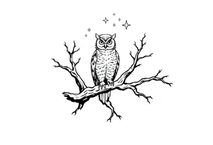 wise owl perched on ancient oak branch under starlit sky tattoo idea