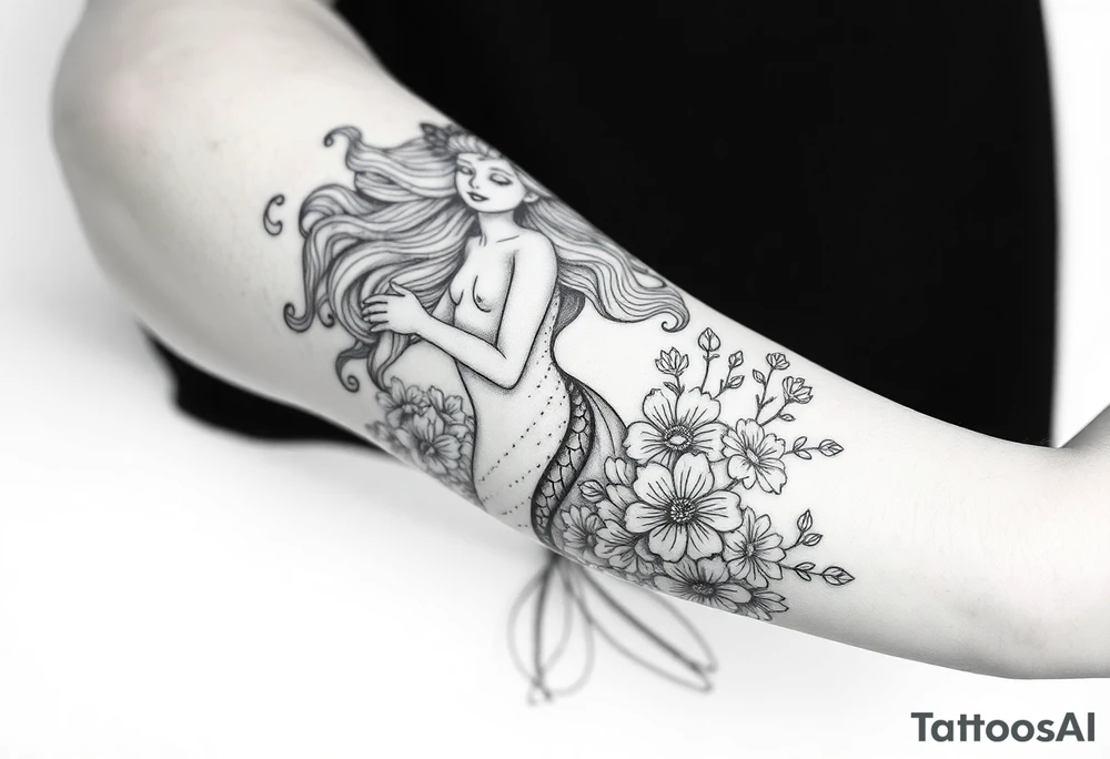 ethereal mermaid with flowing hair among coral and sea flowers tattoo idea