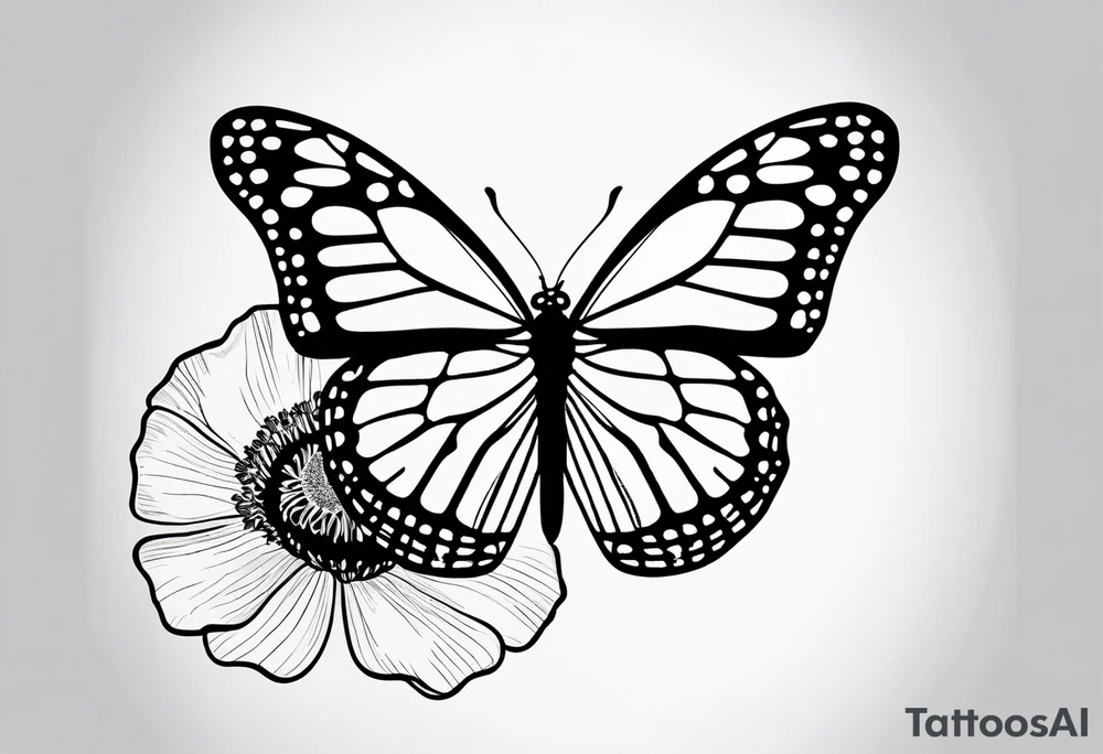 A black and white, fine line tattoo design of a monarch butterfly with poppy flowers inside the top wings. The butterfly has clean lines, and the poppies are delicately integrated within the wings. The bottom wings are simple. The overall style is elegant and refined, focusing on the graceful fusion of the butterfly and flowers. I don’t want flowers outside of the butterfly’s wings and the top wing should only be used as an outline for the flowers inside tattoo idea