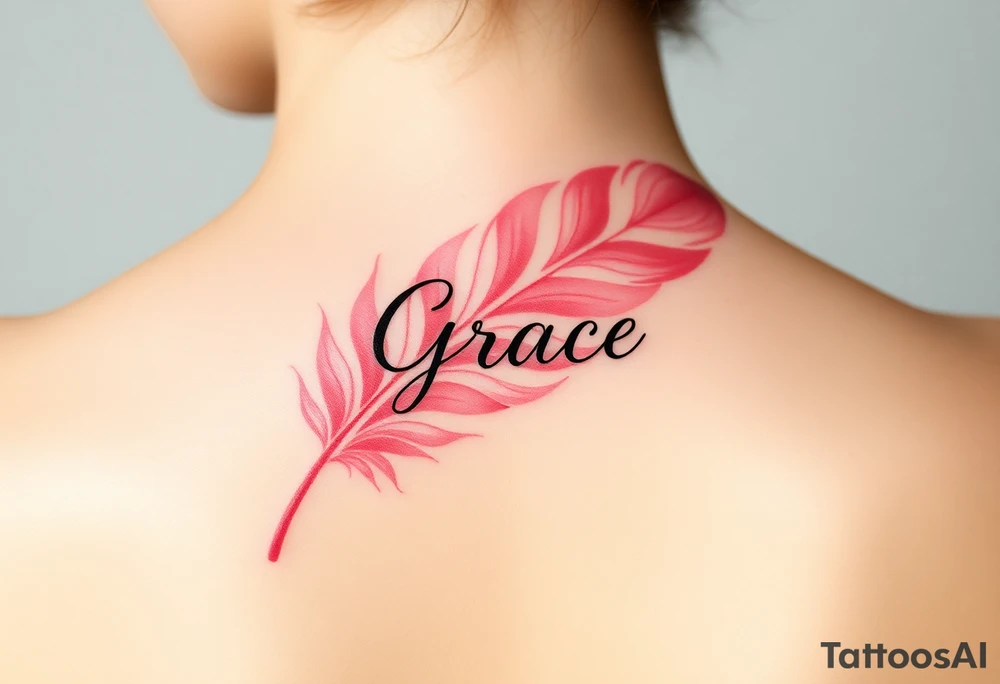 A soft pink and ivory feather with delicate lace details, featuring the word "Grace", evoking elegance and beauty in love tattoo idea