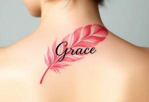 A soft pink and ivory feather with delicate lace details, featuring the word "Grace", evoking elegance and beauty in love tattoo idea