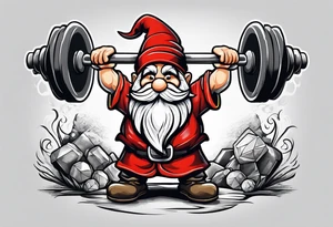 Strong old yard gnome lifting dumbells tattoo idea