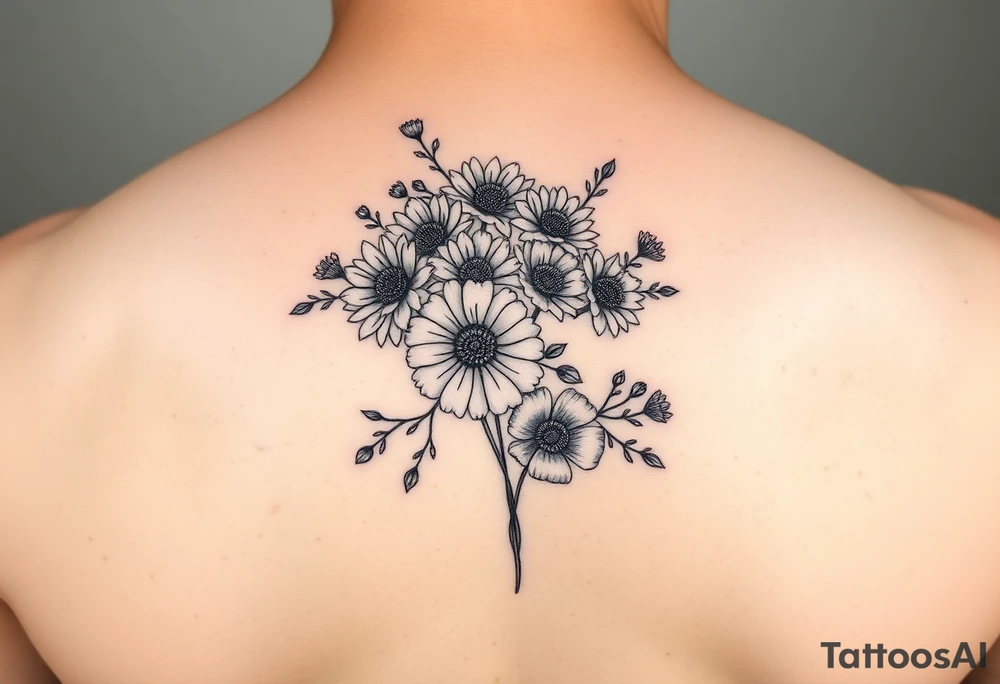 Flower bouquet with Chrysanthemums, poppy’s and violets tattoo idea