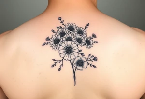Flower bouquet with Chrysanthemums, poppy’s and violets tattoo idea