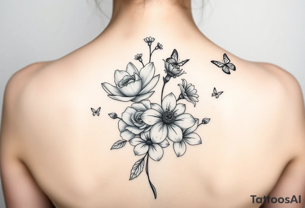 In a vertical line water lily, rose, violet and narcissus. Surrounded by small delicate butterflies tattoo idea