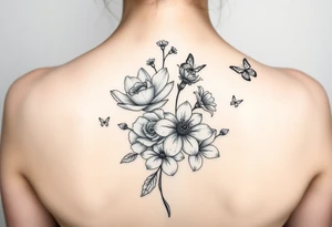 In a vertical line water lily, rose, violet and narcissus. Surrounded by small delicate butterflies tattoo idea