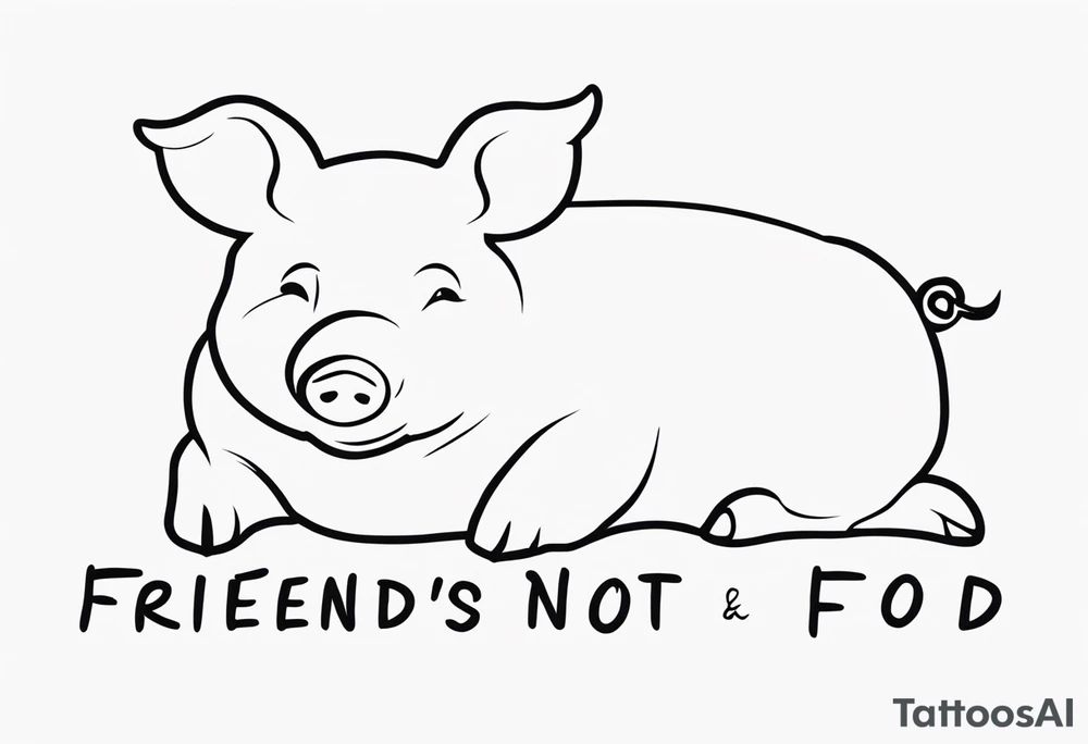 simple drawing of piglet or pig with text: "Friends. Not Food" included.
draw with very thin lines and no shading tattoo idea