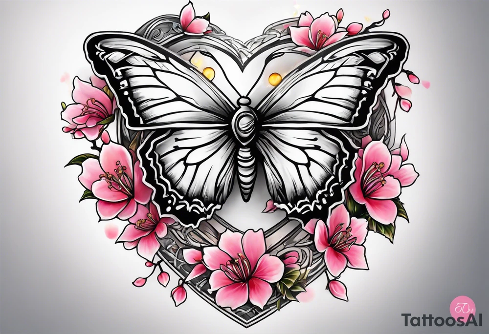 Cherry Blossom Tattoo with a key that unlocks a heart surrounded by white butterflies and in a golden aura tattoo idea