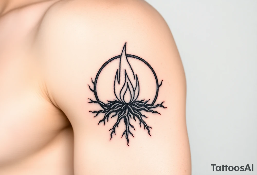 a flame imprisoned in a roots circle tattoo idea