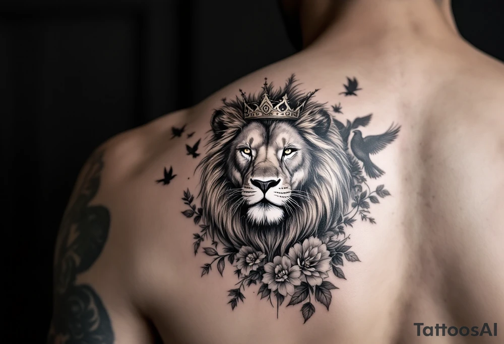 powerful majestic lion with a crown, surrounded by floral ornaments and birds tattoo idea