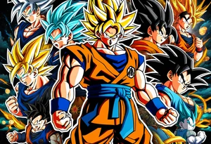 Son-Goku as a super saiyajin . A huge dragonball surrounds the whole scenery. Silhouettes of Gokus friends are surrounding him. tattoo idea
