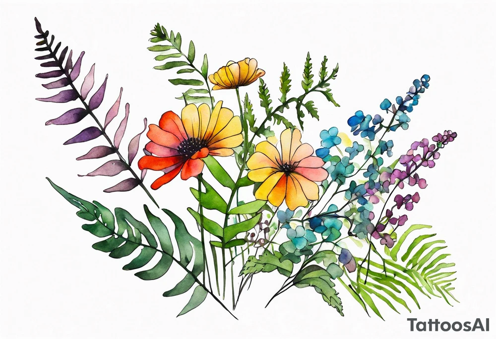 Multi colored wild flowers long stems bouquet with ferns all watercolor tattoo idea