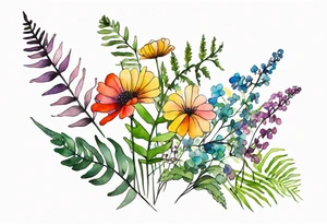 Multi colored wild flowers long stems bouquet with ferns all watercolor tattoo idea