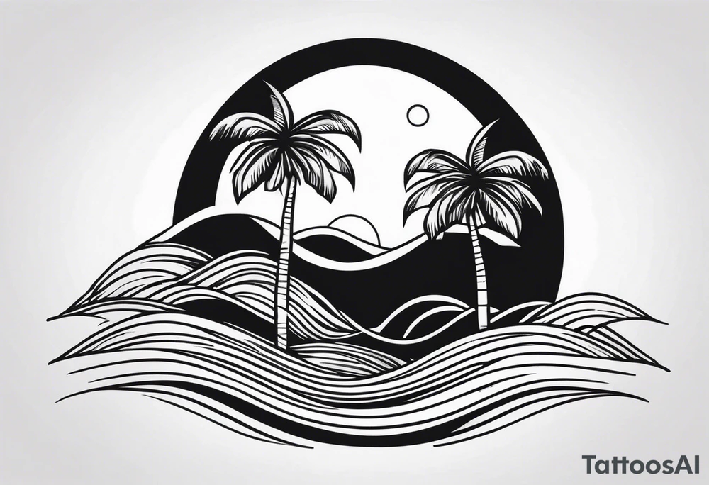 palm tree front of a sun and waves tattoo idea