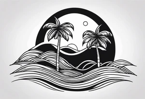 palm tree front of a sun and waves tattoo idea