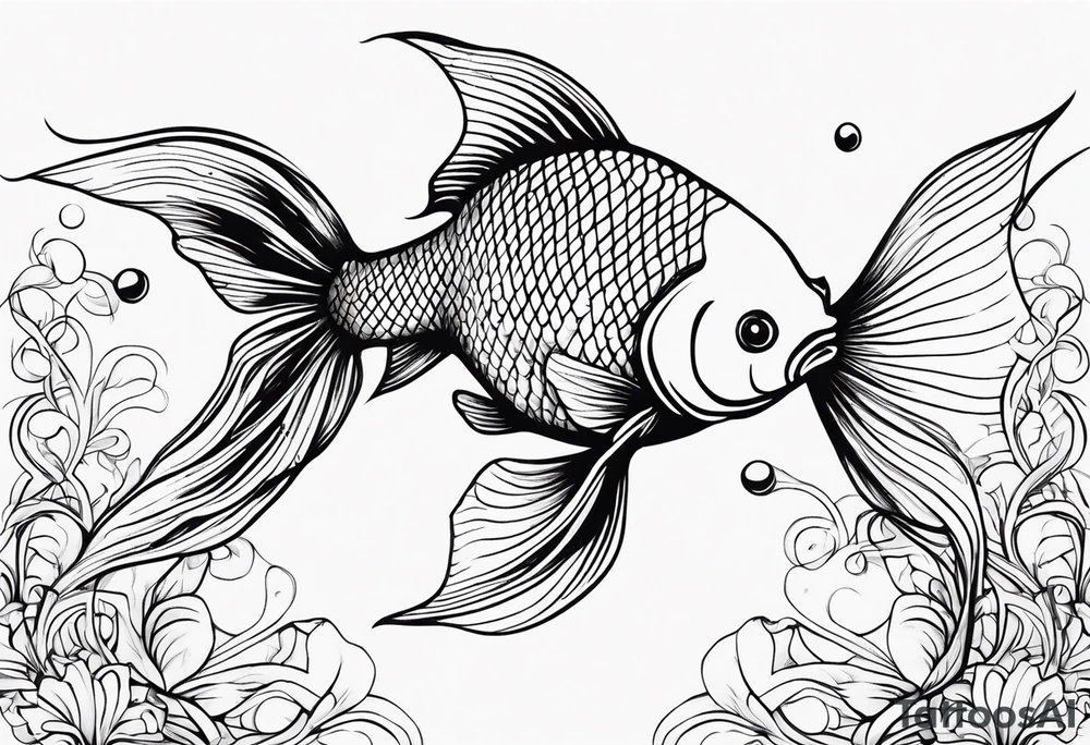 Design a small tattoo featuring a pair of goldfish intertwined, symbolizing harmony and companionship in a flowing design tattoo idea