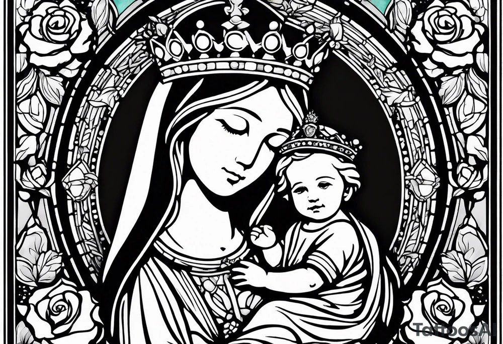 blessed virgin mary holding baby jesus with crown with roses and stained glass windows tattoo idea