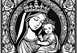 blessed virgin mary holding baby jesus with crown with roses and stained glass windows tattoo idea