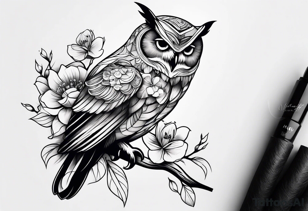 Owl on branch that wraps around arm with flowers and hummingbird tattoo idea