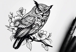 Owl on branch that wraps around arm with flowers and hummingbird tattoo idea