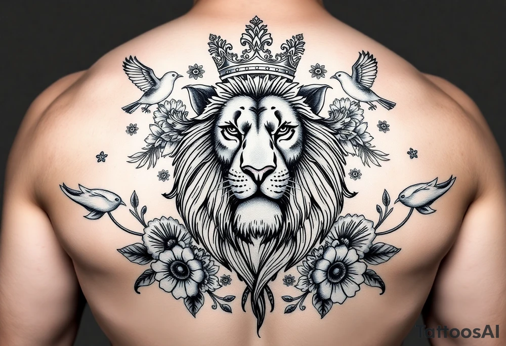 powerful majestic lion with a crown, surrounded by floral ornaments and birds tattoo idea