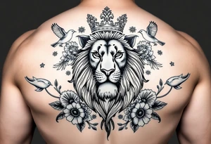 powerful majestic lion with a crown, surrounded by floral ornaments and birds tattoo idea