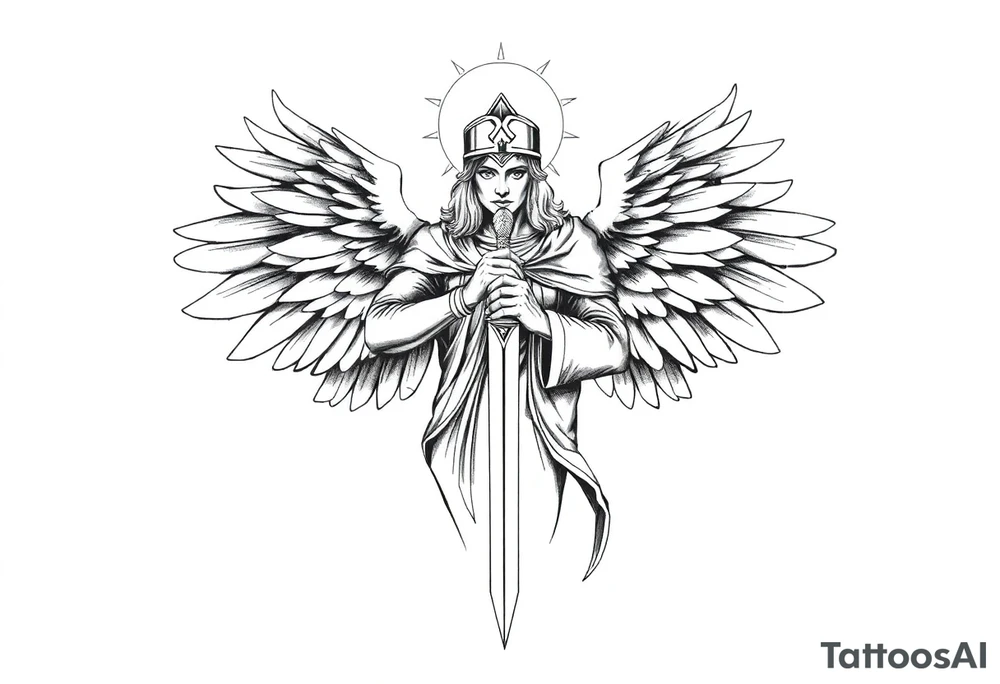 Holy Archangel, Biblical, Christianity, Guards of Christianity, Holding a sword, has six wings, wearing helmet, halo, seraphim tattoo idea