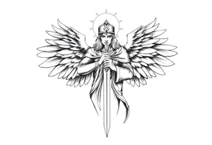 Holy Archangel, Biblical, Christianity, Guards of Christianity, Holding a sword, has six wings, wearing helmet, halo, seraphim tattoo idea