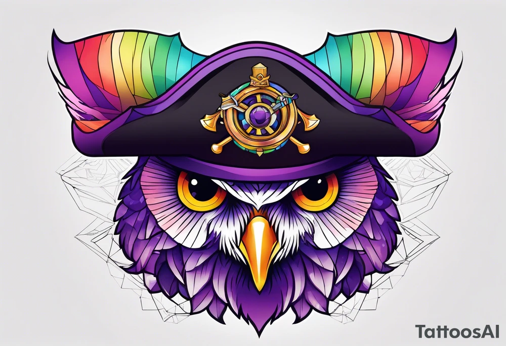 Owl pirate hat geometric purple rainbow tattoo idea