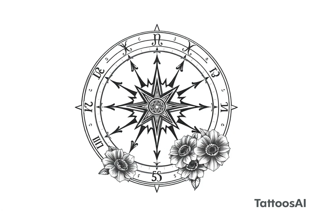 zodiac symbols the elements and Norse runes within ornate compass with roses lilly sunflowers tattoo idea