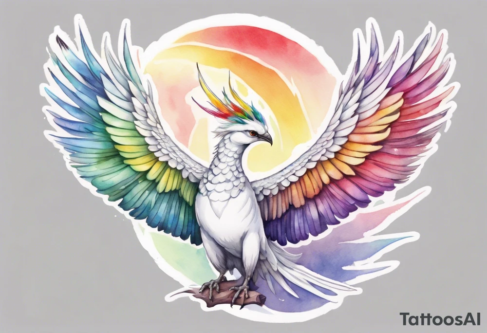 a watercolor of a white bird-serpent hybrid wearing a grey crown, with rainbow wing feathers, flying in the sky tattoo idea