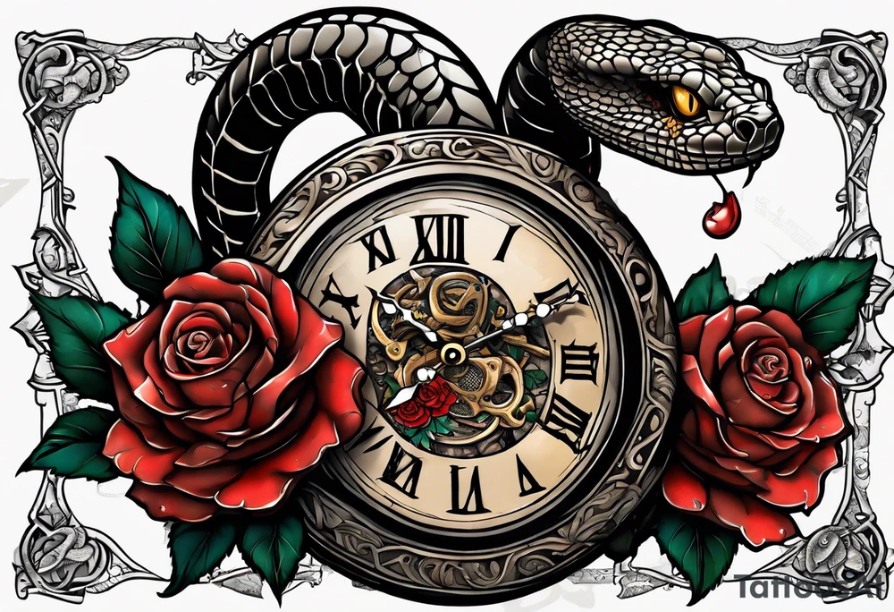 Powerful King cobra wrapped around an old broken watch clock with dead roses all around in the background tattoo idea