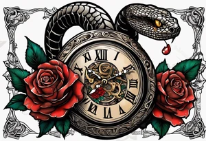 Powerful King cobra wrapped around an old broken watch clock with dead roses all around in the background tattoo idea