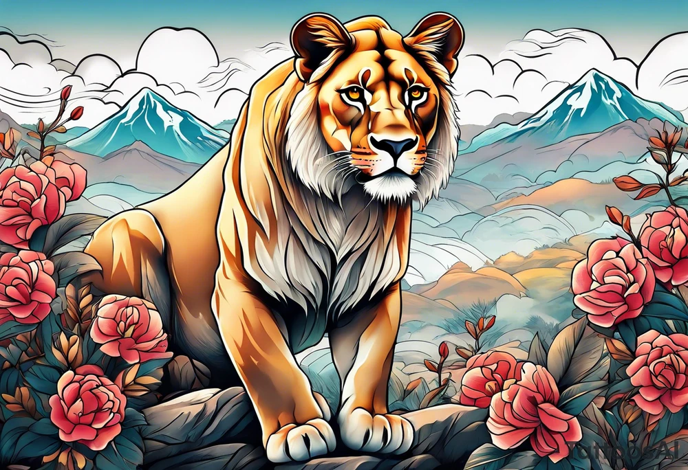 A lioness in a landscape. tattoo idea