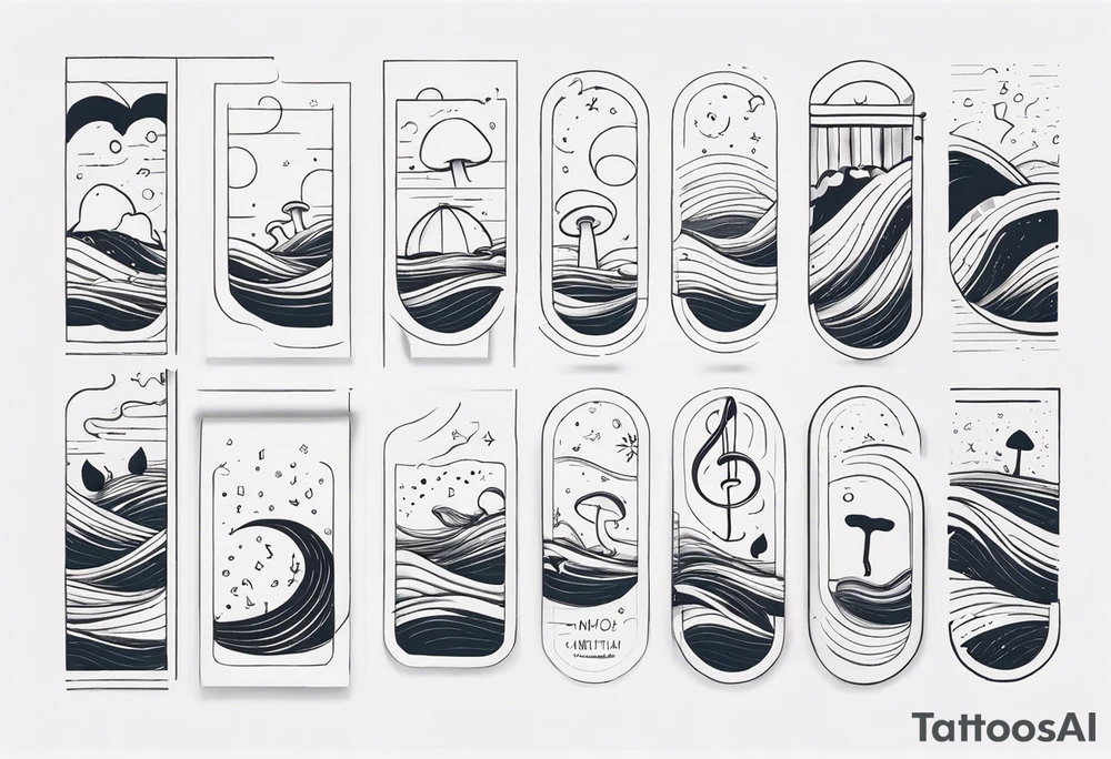 lots of empty space with simple line of icons down the back of the arm. there are four icons in this order:

1. a music note on a staff
2. a wave of water
3. a pocket
4. mushroom tattoo idea