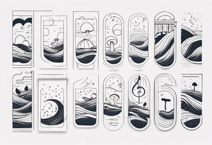 lots of empty space with simple line of icons down the back of the arm. there are four icons in this order:

1. a music note on a staff
2. a wave of water
3. a pocket
4. mushroom tattoo idea