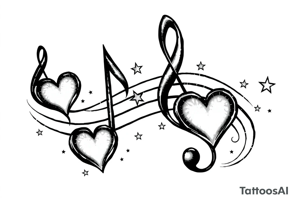 music notes with hearts and stars tattoo idea