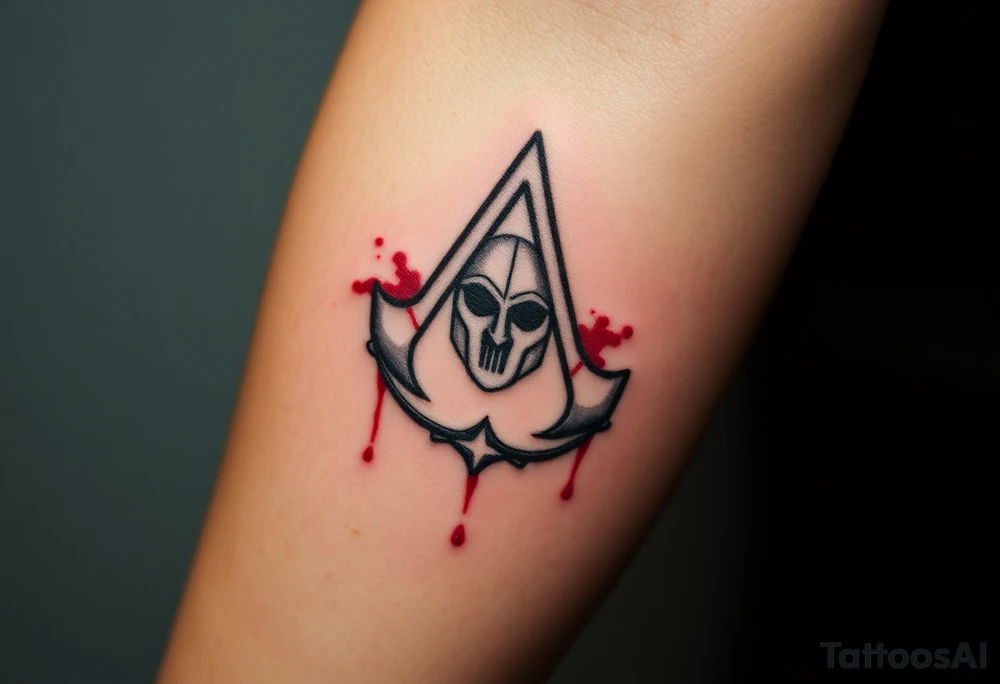 Assassins Creed emblem with Spartan helmet and sword inside and blood splashes incorporated into logo. tattoo idea