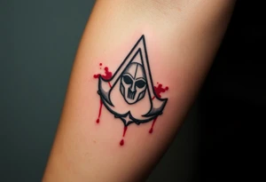 Assassins Creed emblem with Spartan helmet and sword inside and blood splashes incorporated into logo. tattoo idea