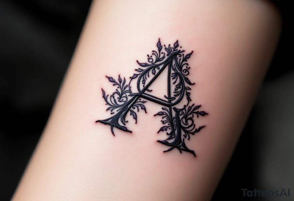 A stitched "A" design in dark purple and black, resembling embroidery. tattoo idea