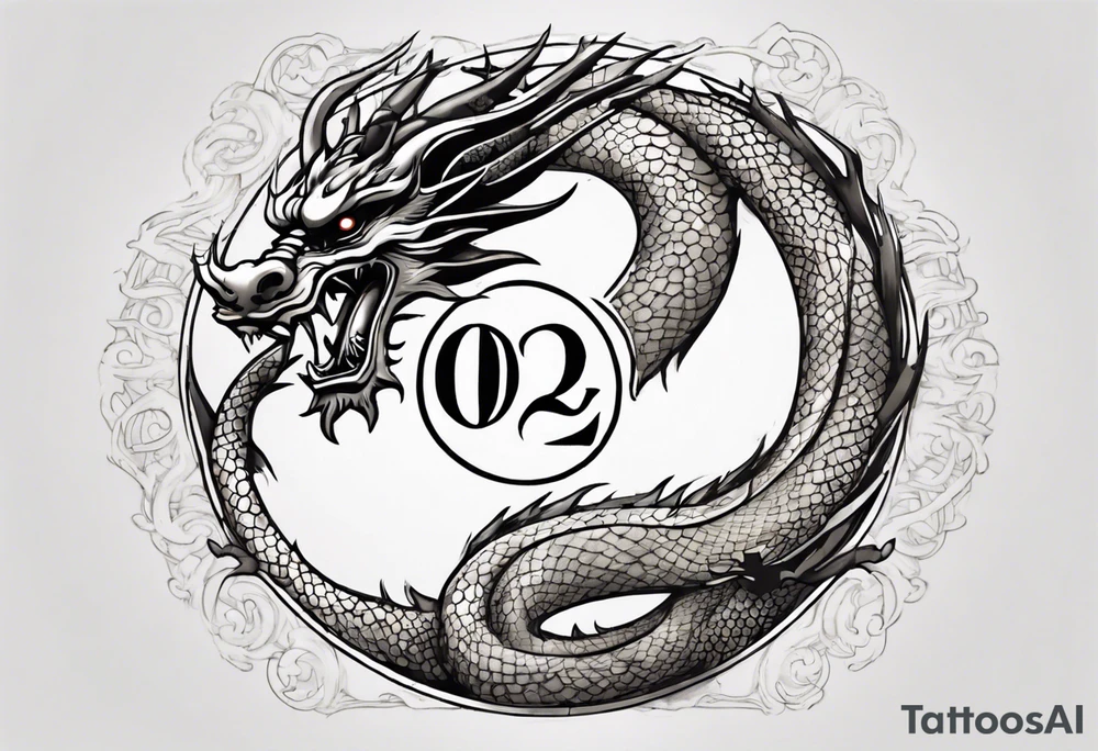 Chinese dragon in a circular shape with "02.03" written on its skin tattoo idea