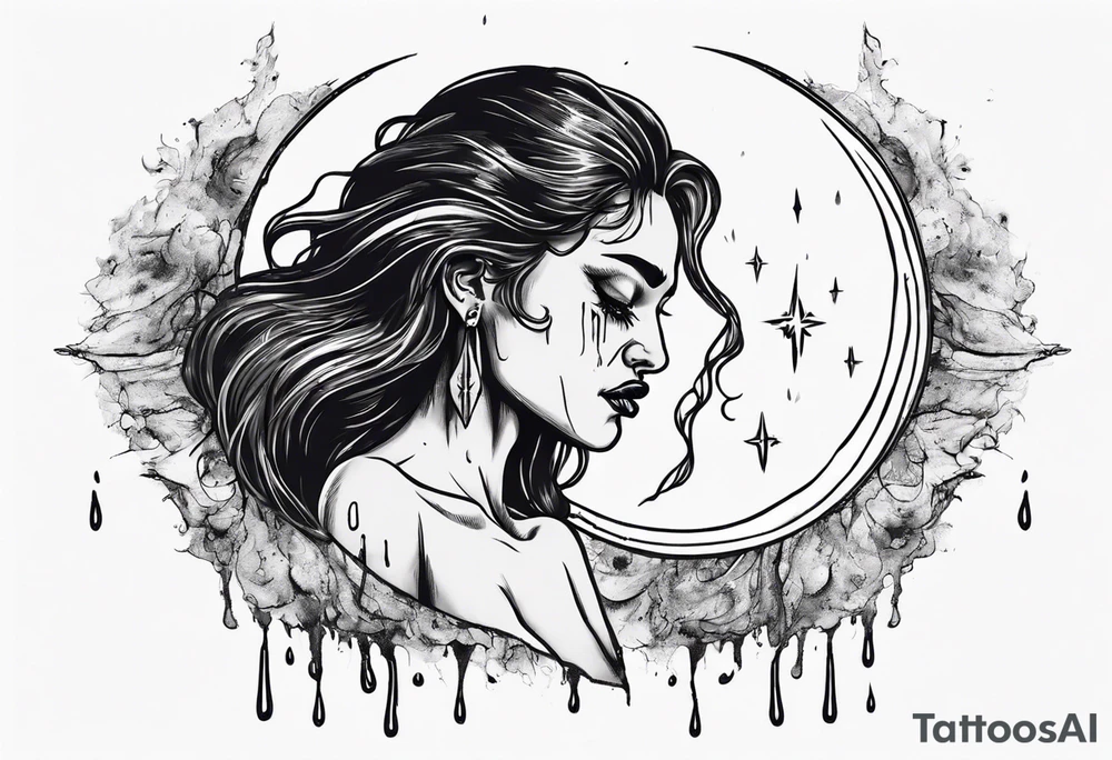 crescent moon with crying woman. she's crying tears of blood. her face is part of the moon tattoo idea
