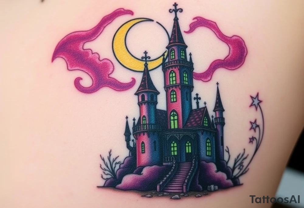 Tim Burton’s disney sleeping beauty’s haunted castle is abandoned and dripping with muted reds, dusty pinks, and eerie green glow.purple and cyan smokey clouds swirl in the crescent moonlit sky thats sprinkled with stars tattoo idea tattoo idea