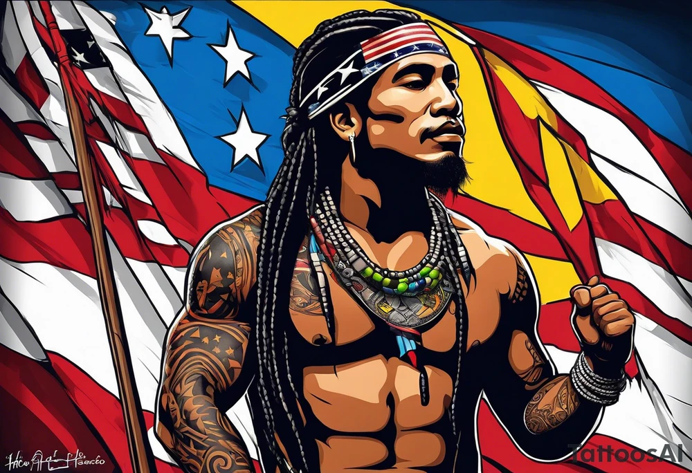 Taino holding U.S. Virgin Islands and Trinidad flags. tattoo idea