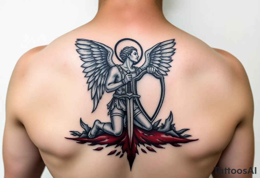 Arch angel Gabriel kneeling with sword and shield on battlefield covered in blood tattoo idea